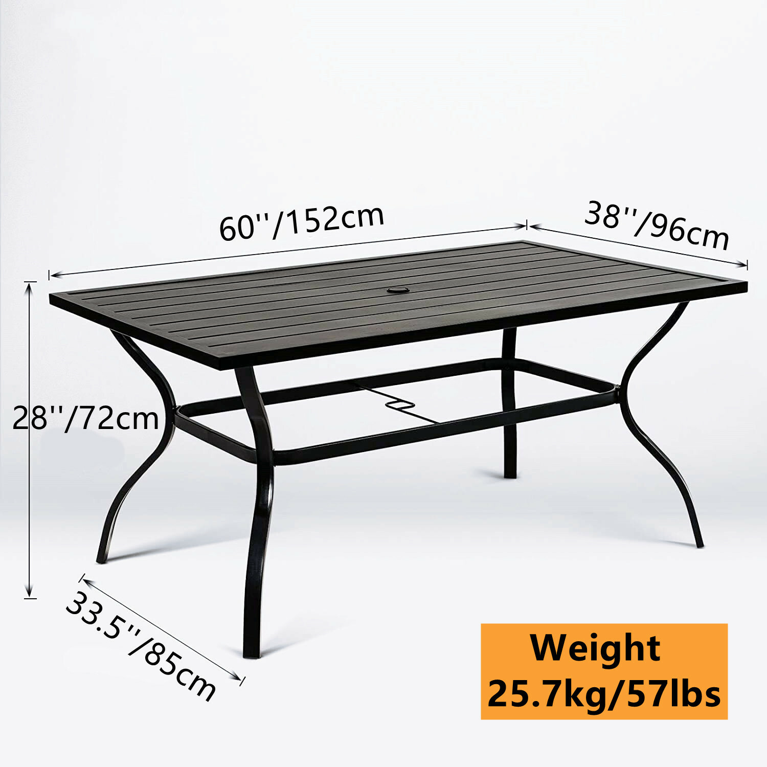60" Outdoor Dining Table Metal Rectangular Patio Dining Table with Umbrella Hole