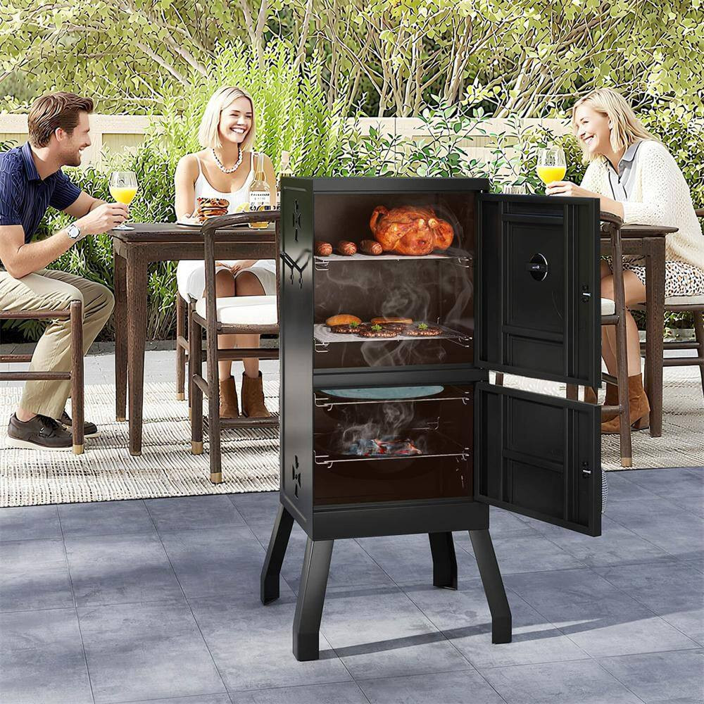 Vertical Charcoal Smoker BBQ Barbecue Grill with Temperature Gauge Outdoor Black