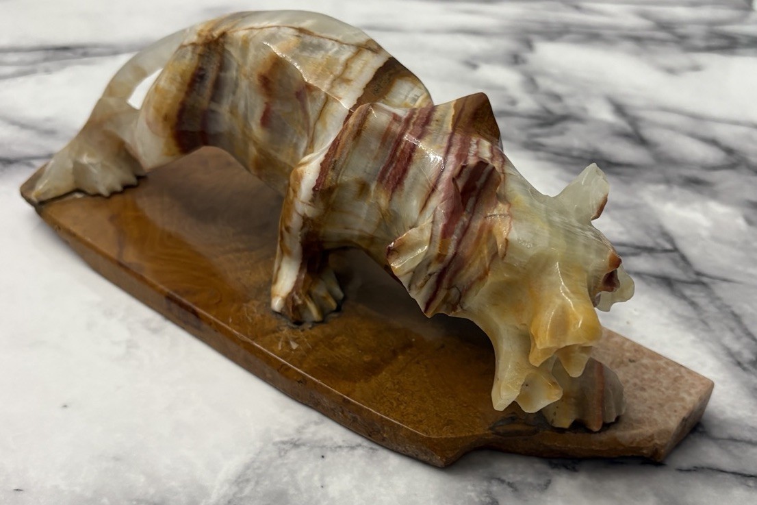 Vtg Hand Carved Onyx Tiger Large Rare Piece on 12" Marble Base HEAVY Alabaster