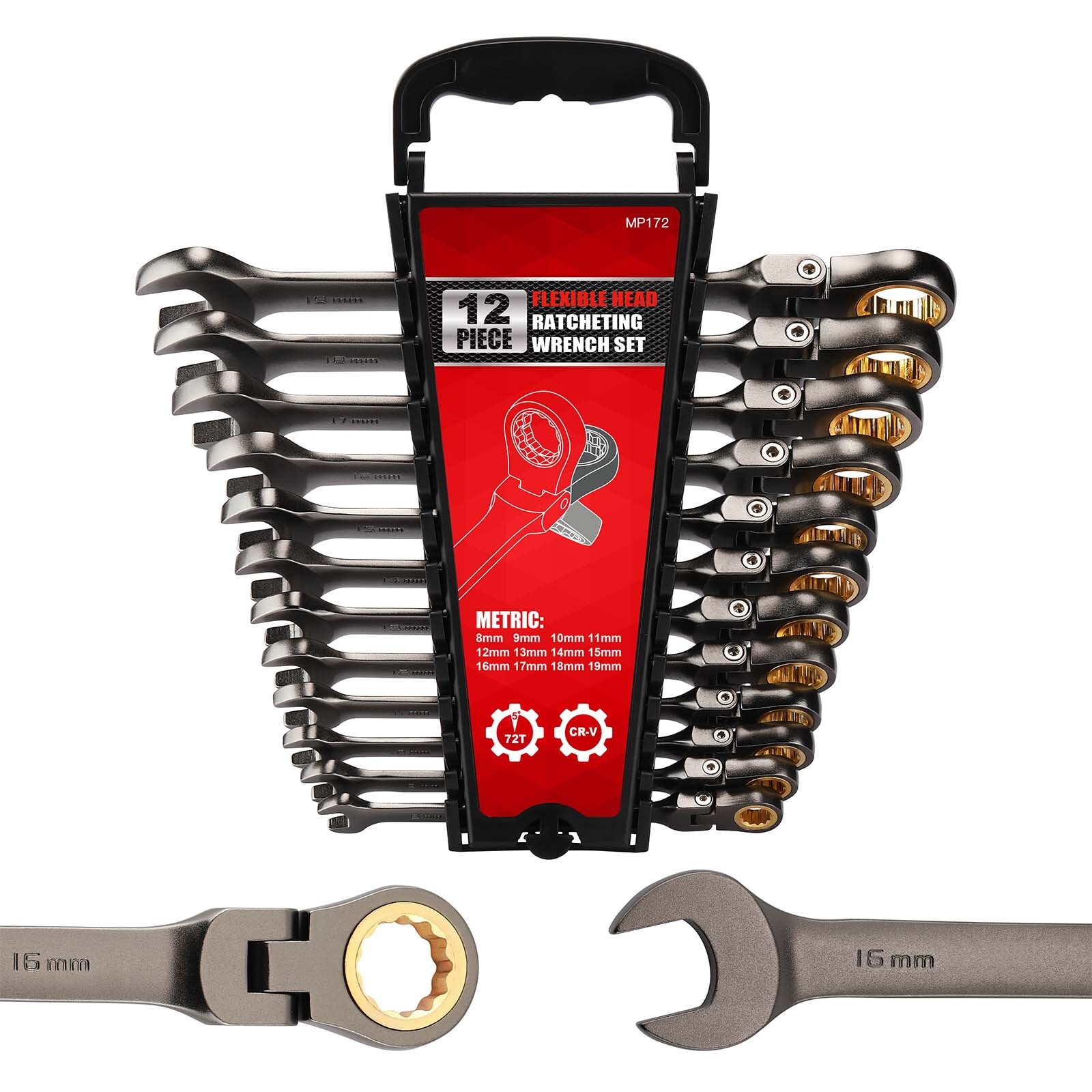 12PCS Metric Flex Head Ratcheting Wrench Set 8-19mm 72-Tooth Ratchet Combination