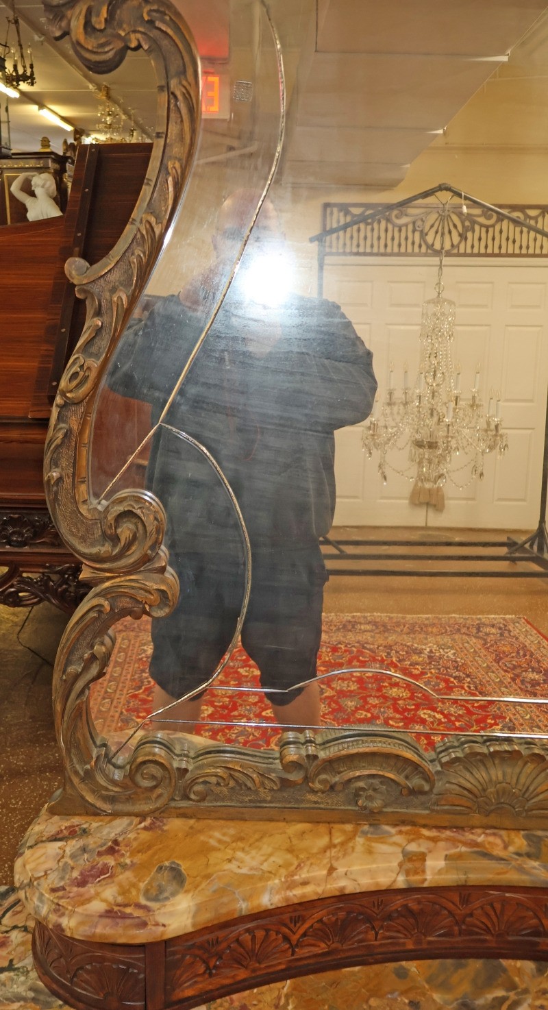 French Louis XV Style Inlaid Walnut Marble Top Etched Mirror Vanity Circa 1920's