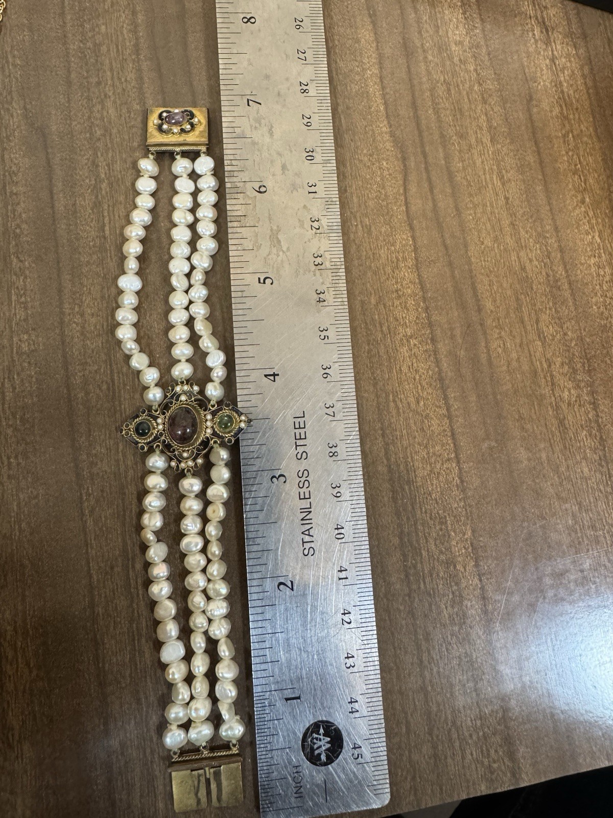 Percossi Papi Marked Jaded Jewel And Enamel Pearl Moonstone Bracelet 7 Inch