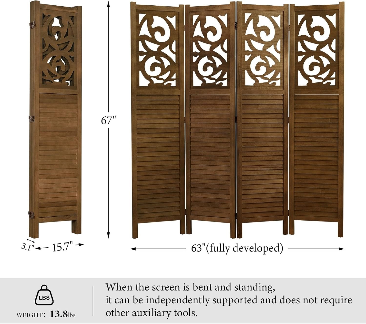 Folding Room Divider, 5.6Ft 4 Panels Wood Carved Privacy Screens,Partition