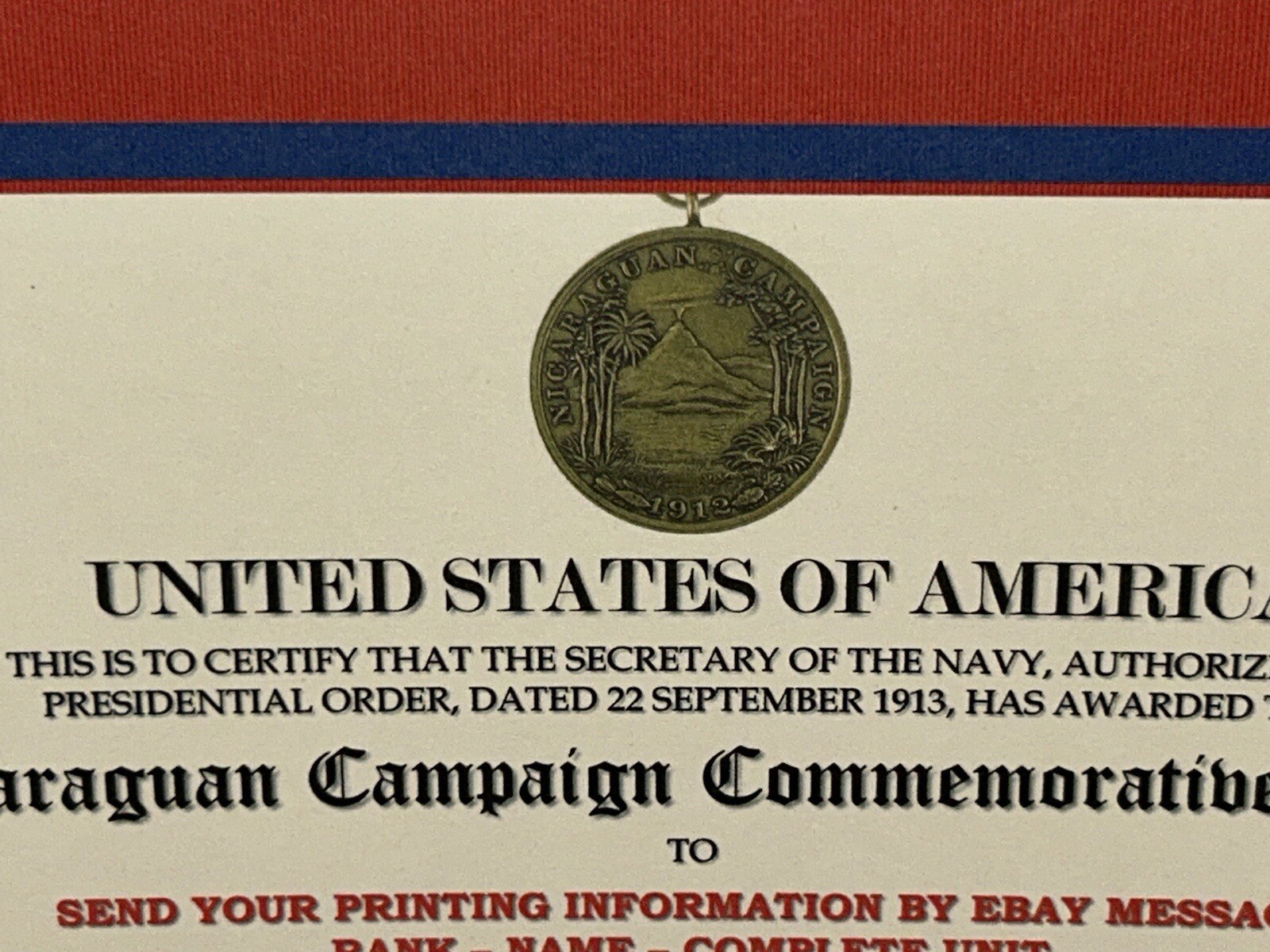 NICARAGUAN CAMPAIGN (NAVY) COMMEMORATIVE MEDAL CERTIFICATE ~ W/PRINTING TYPE-1
