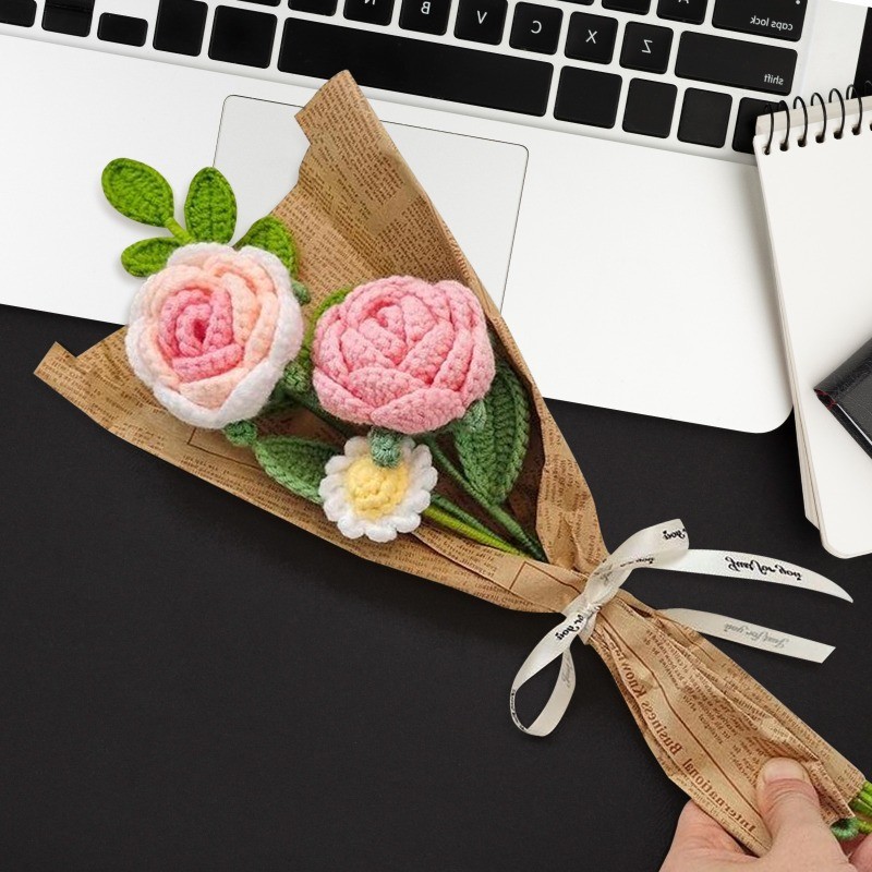 Knitting Crochet Artificial Flower Bouquet for Anniversary Housewarming Mom Gift
