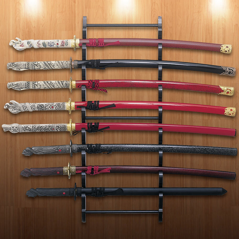 8 Tier Sword Wall Display Stand Rack Black Full Size Wood Hanger Katana Holder