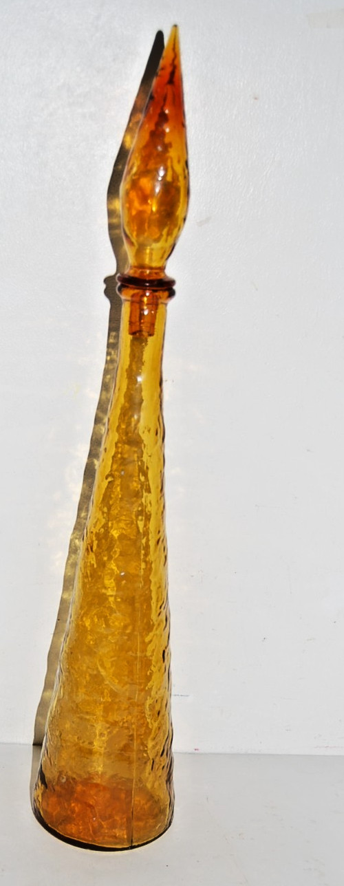 Vintage Empoli Honey Amber Crinkle Glass Decanter Bottle 23" Tall w/ Stopper