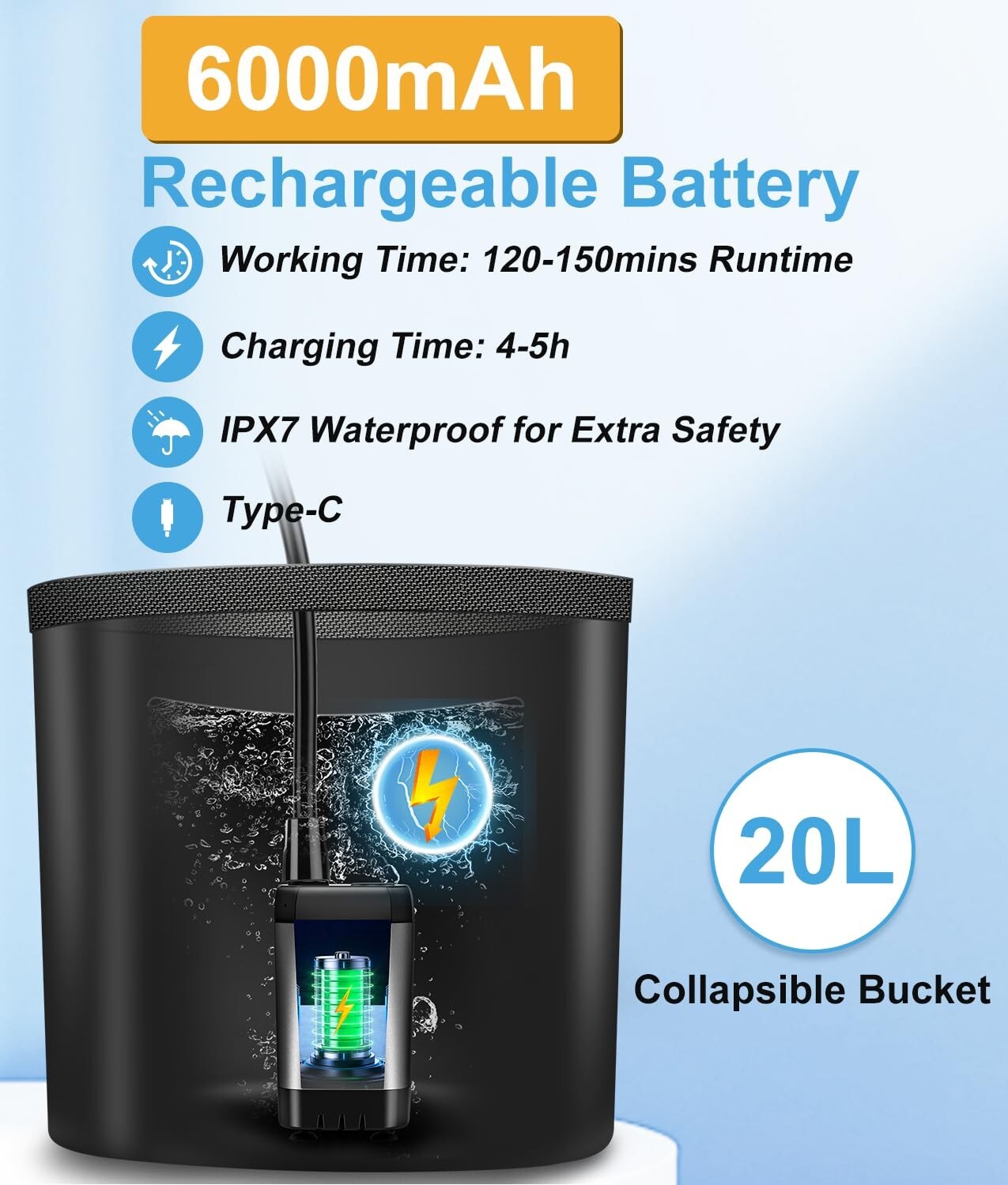 Portable Camping Shower with Shower Head & 5 Gallons Foldable Bucket 6000mAh