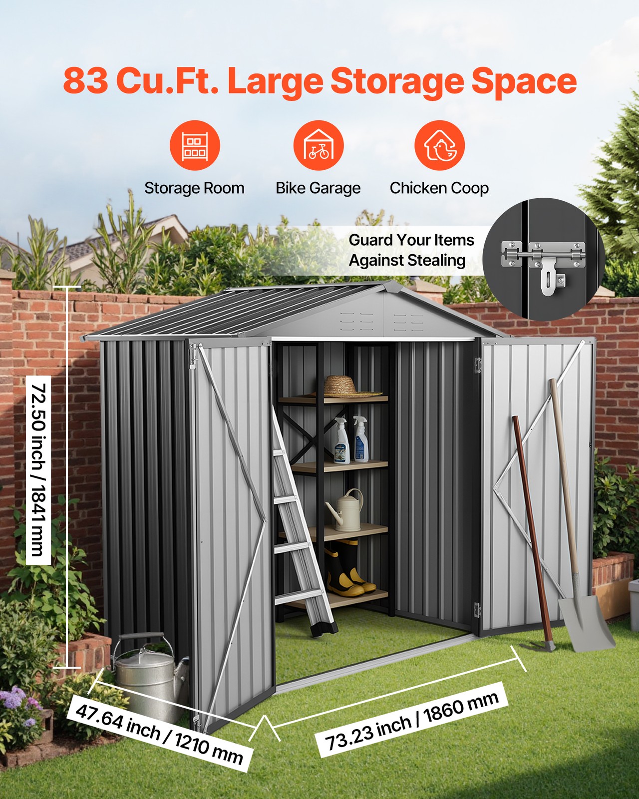 VEVOR 6 x 4 FT Metal Garden Shed Outdoor Storage Shed with 4 Louver Vents Grey