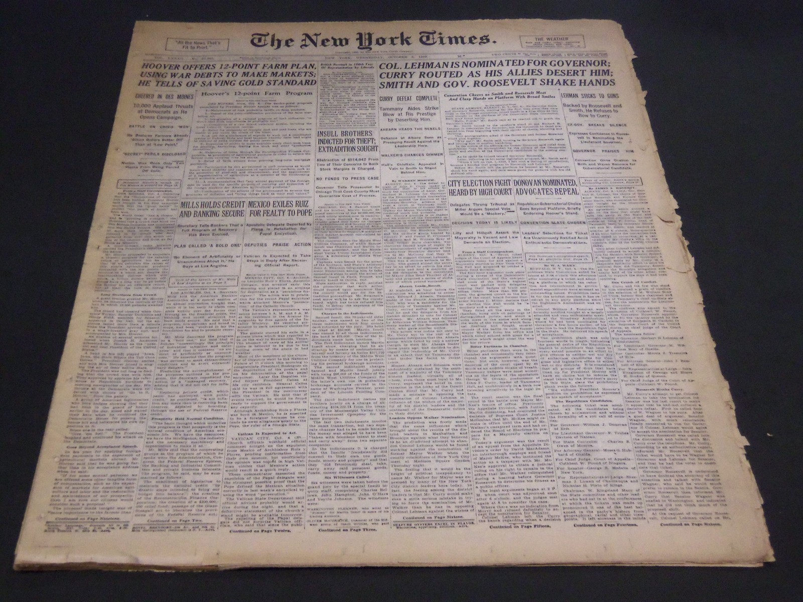 1932 OCTOBER 5 NEW YORK TIMES - LEHMAN IS NOMINATED FOR GOVERNOR - NT 4980