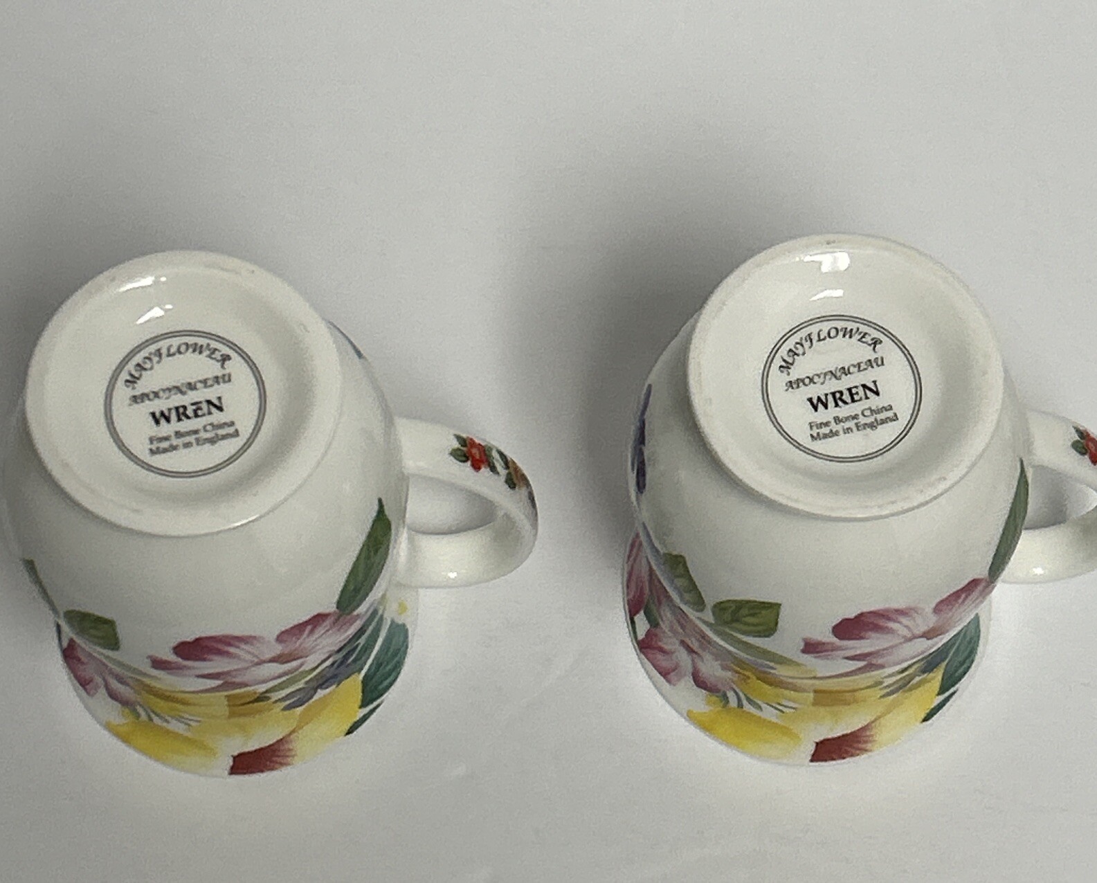 2 WREN china MUGS Mayflower Floral England Queen Elizabeth SHIP QE2 Tea Coffee