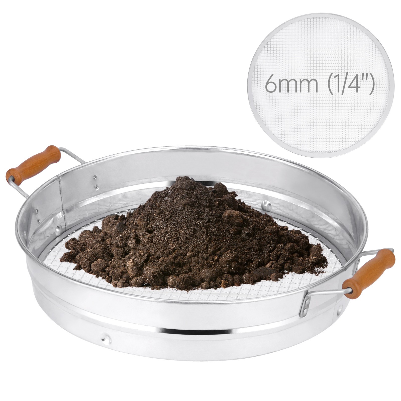 14" Stainless Steel Soil Sifter Soil Sieve with 6mm Mesh Screen For Gardening