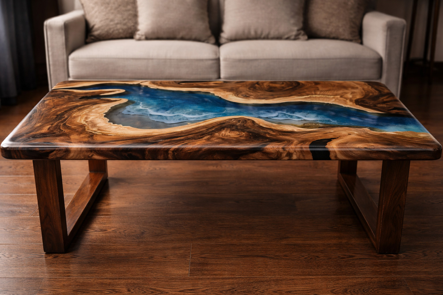 Luxury Epoxy River Table Top Blue Ocean Resin Handmade Wood Coffee Table