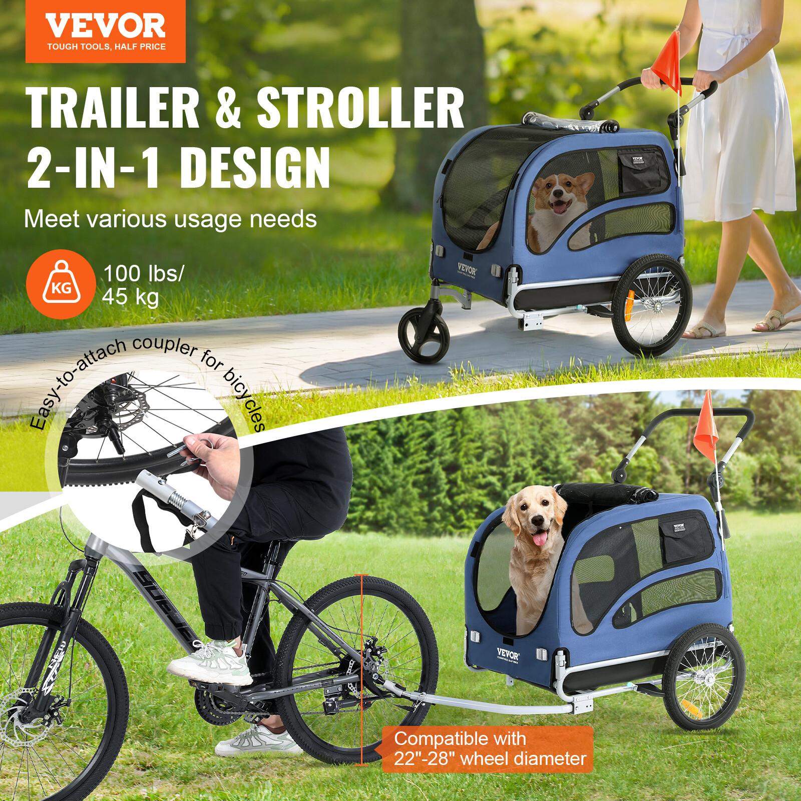 VEVOR Pet Bicycle Trailer & Stroller Dog Cat Bike Carrier 100 lb Water Resistant
