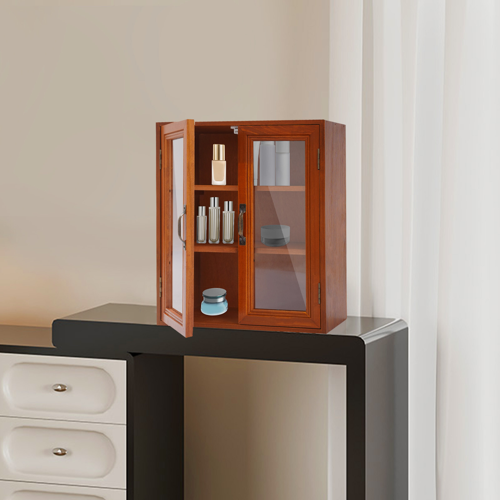 12.09*4.72*14.17in Brown Solid Wood& Acrylic Freestanding 3-tier Storage Cabinet