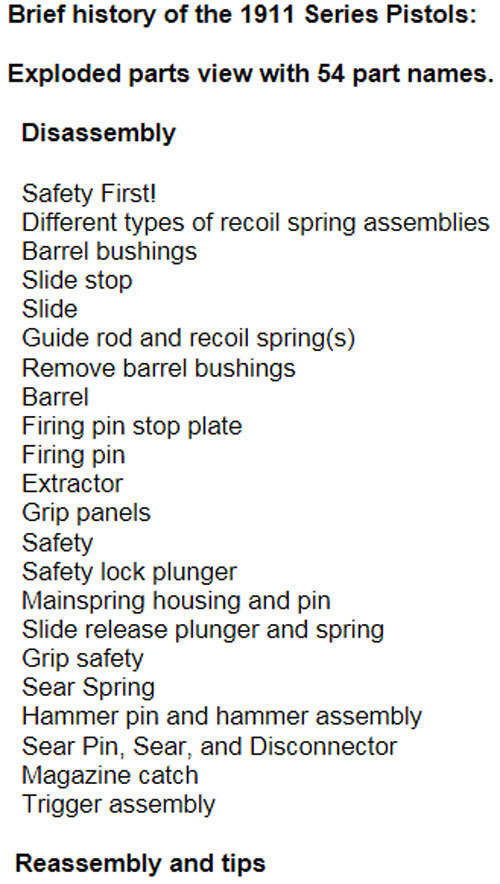 1911 Pistol Manual Book Takedown Colt Guide direct from Gun-Guides Disassembly