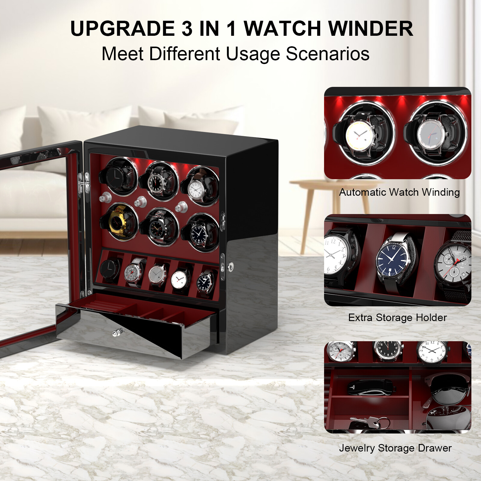 DUKWIN Automatic 6 Watch Winder with 5 Watches Display Storage Case Box LED Red