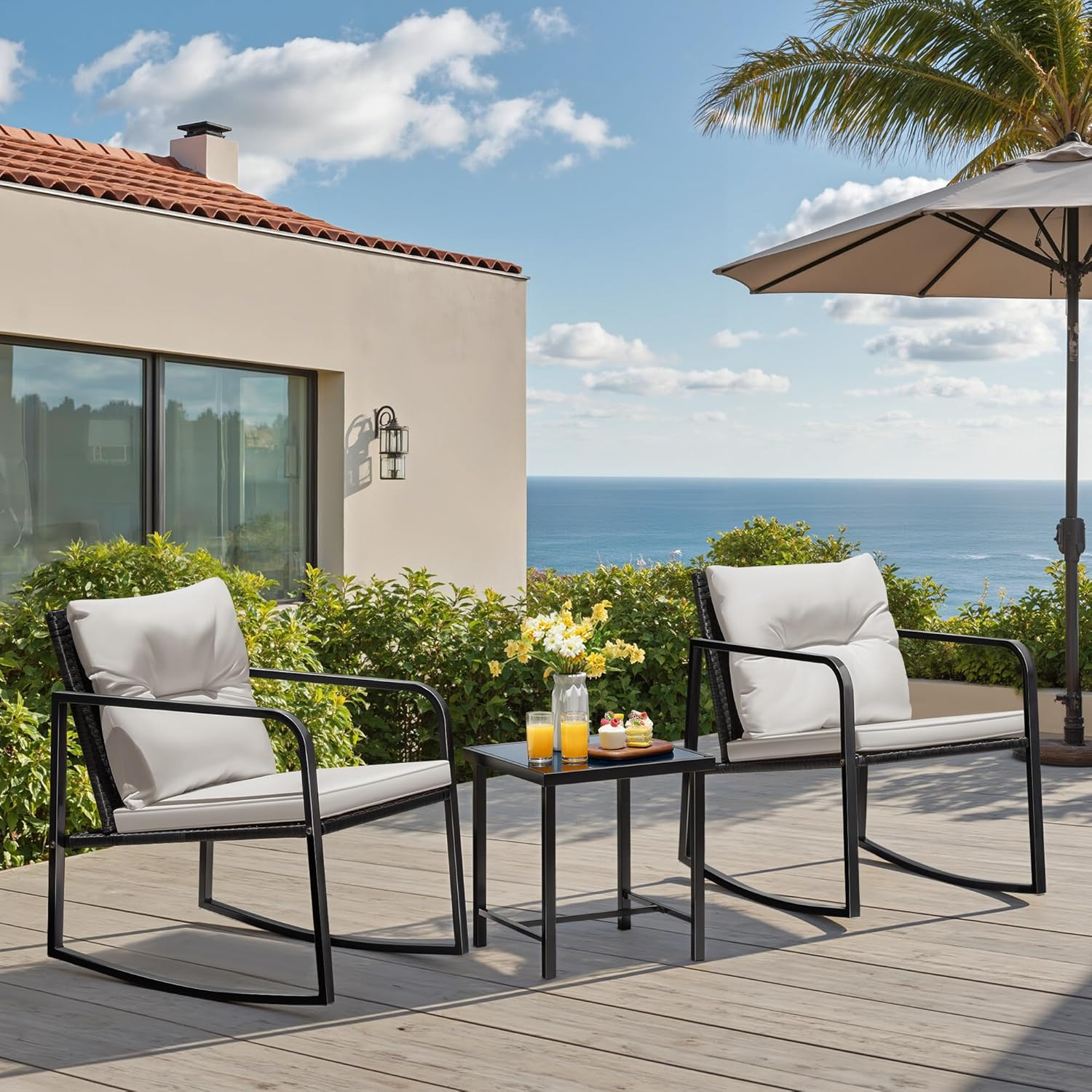 3 Pieces Rocking Wicker Bistro Set, Patio Outdoor Furniture Conversation Sets wi