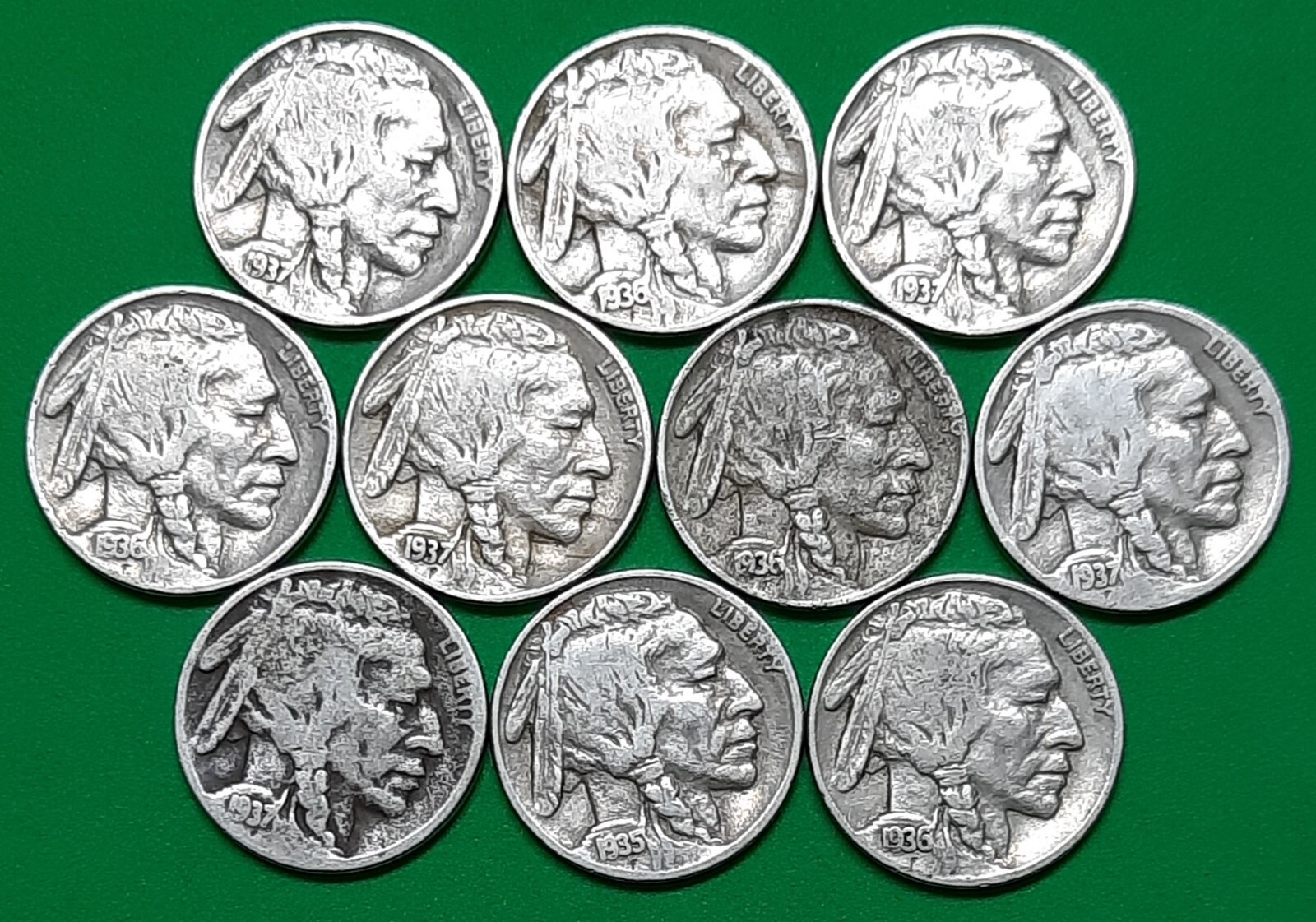 Ten FULL DATE Buffalo Nickels!