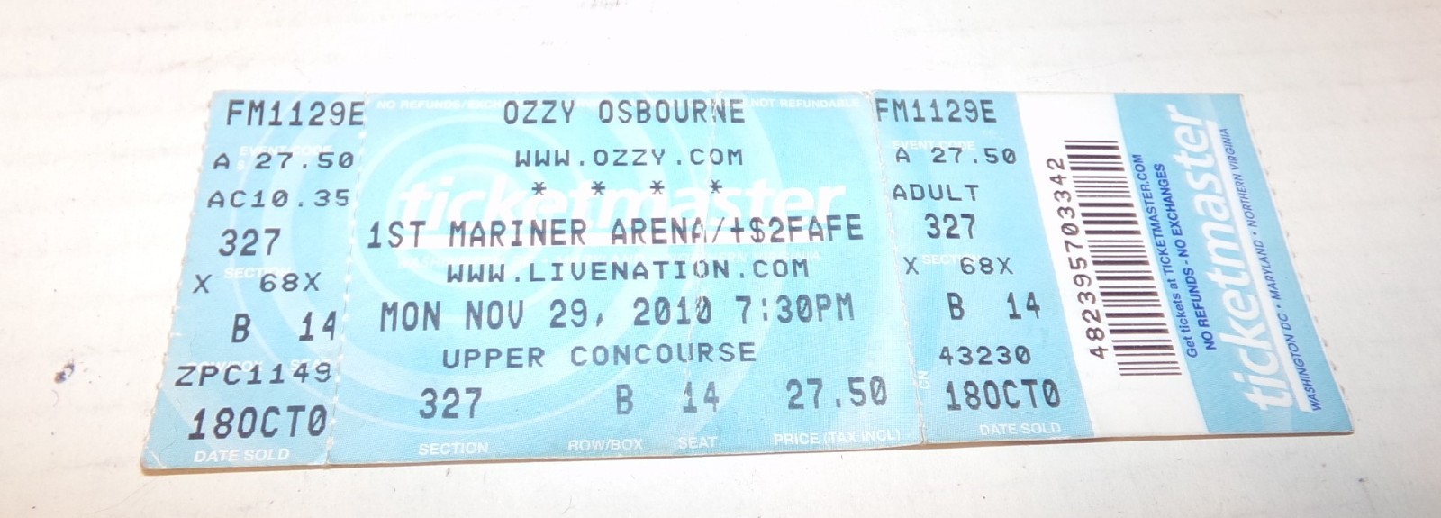 OZZY OSBOURNE CONCERT FULL TICKET 2010 AND VINTAGE PATCH