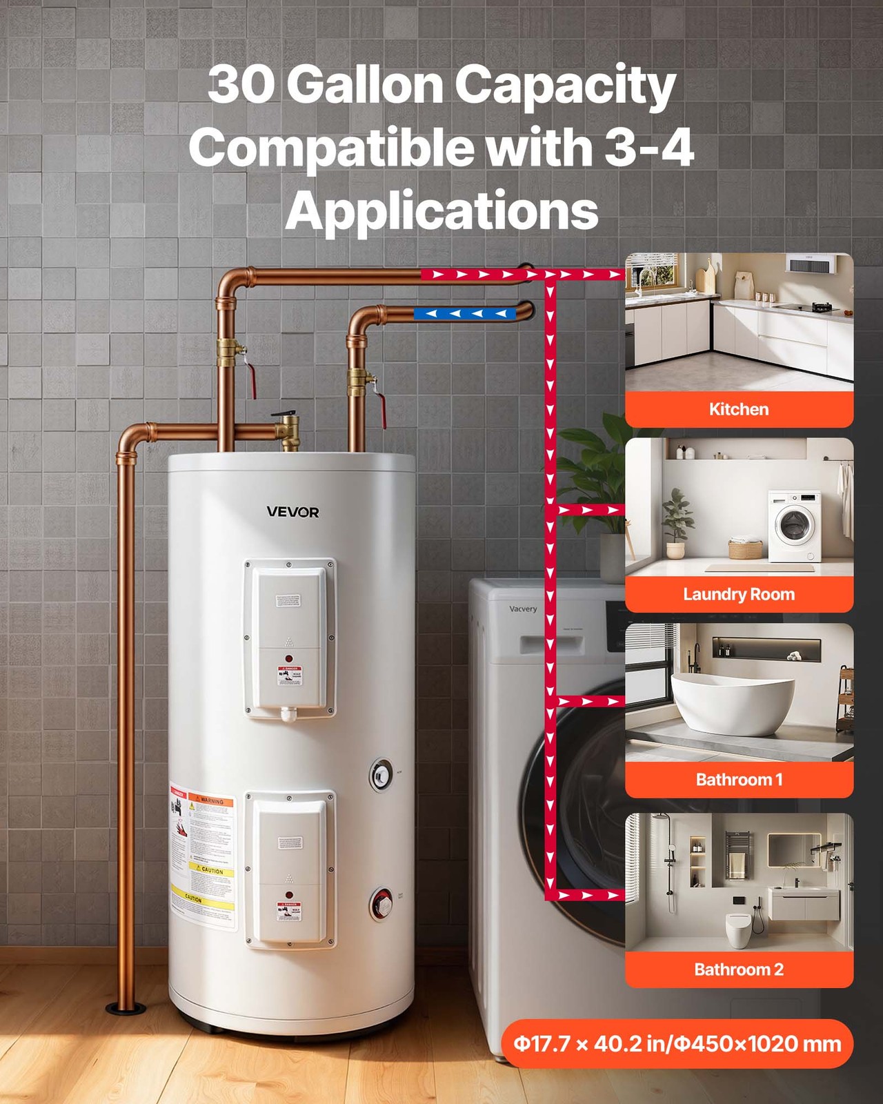 VEVOR 30 Gal Electric Tank Hot Water Heater 5000W 240V Point of Use T&P Value