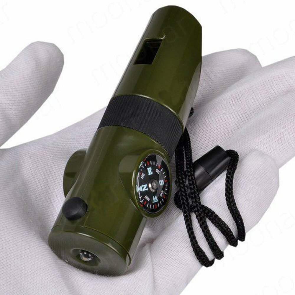 7-in-1 Military Emergency Survival Whistle Kit - Compass, LED Light, Thermometer