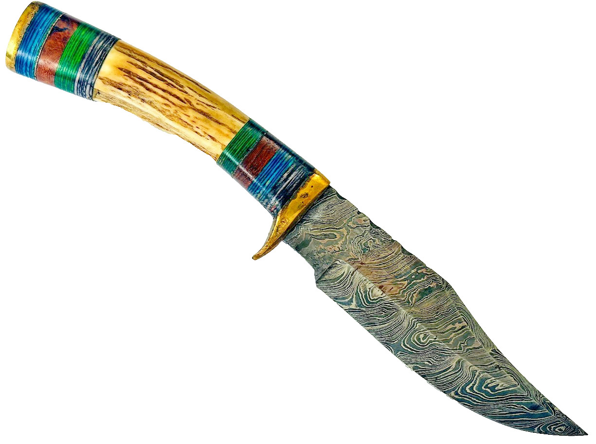 Vintage Stag Handle Fixed Blade Knife Damascus Blade Knives & Leather Sheath