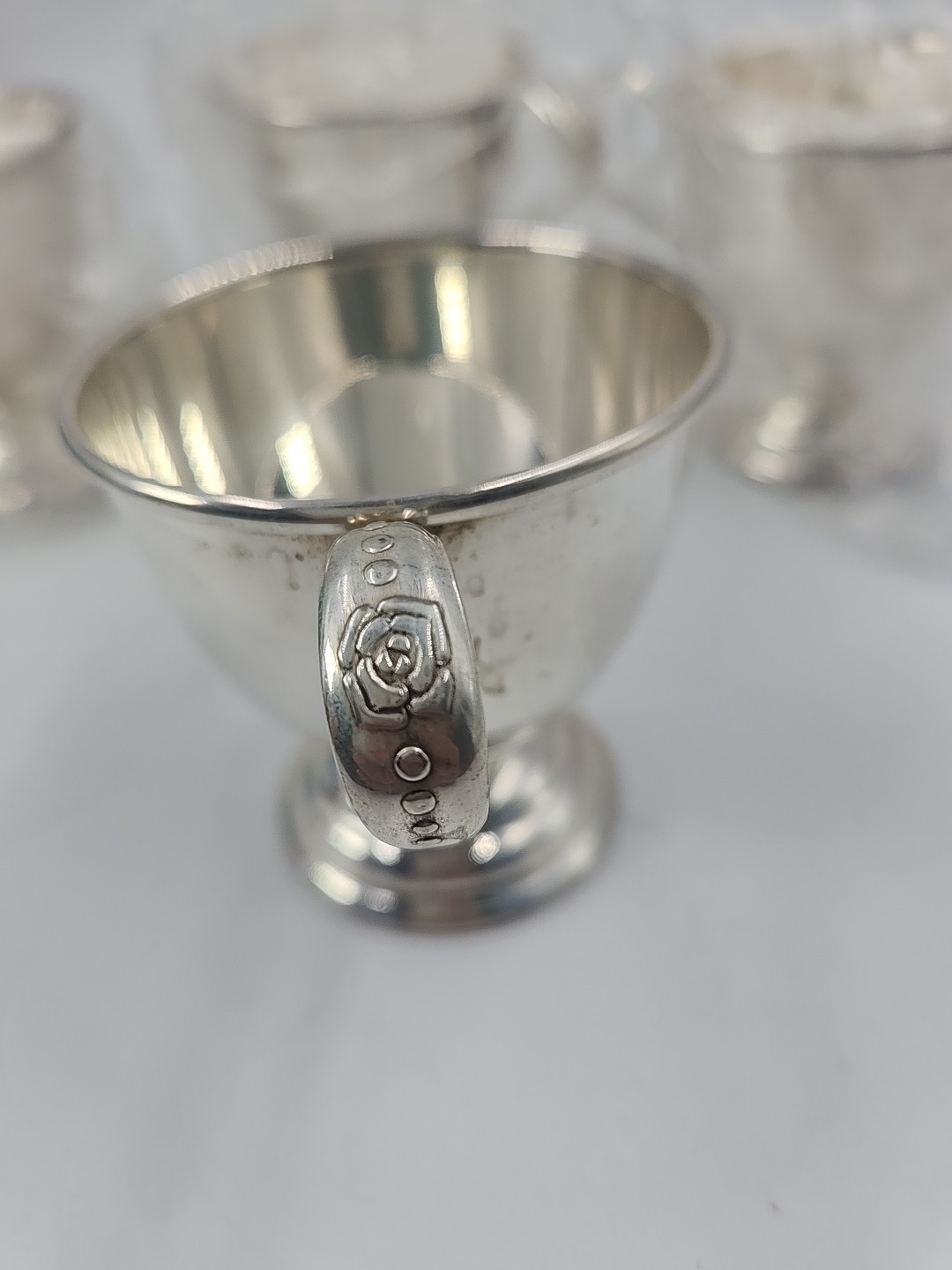 Lot of 4 Vintage Nickel Silver Footed Tea Cup Silverplate Barware MONOGRAMED