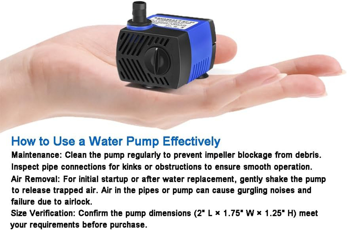 Small Fountain Pump, 80 GPH Mini Submersible Water Pump with 3.3 Ft Tubing, for