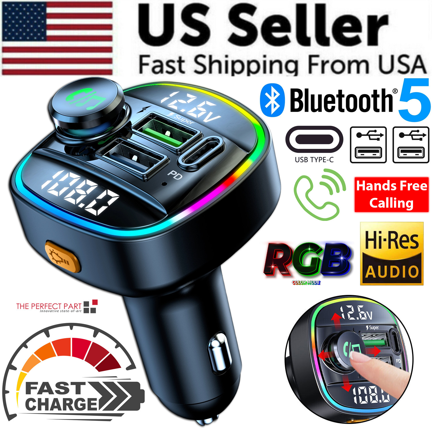 Bluetooth 5.0 Car Wireless FM Transmitter Adapter USB PD Charger AUX Hands Free