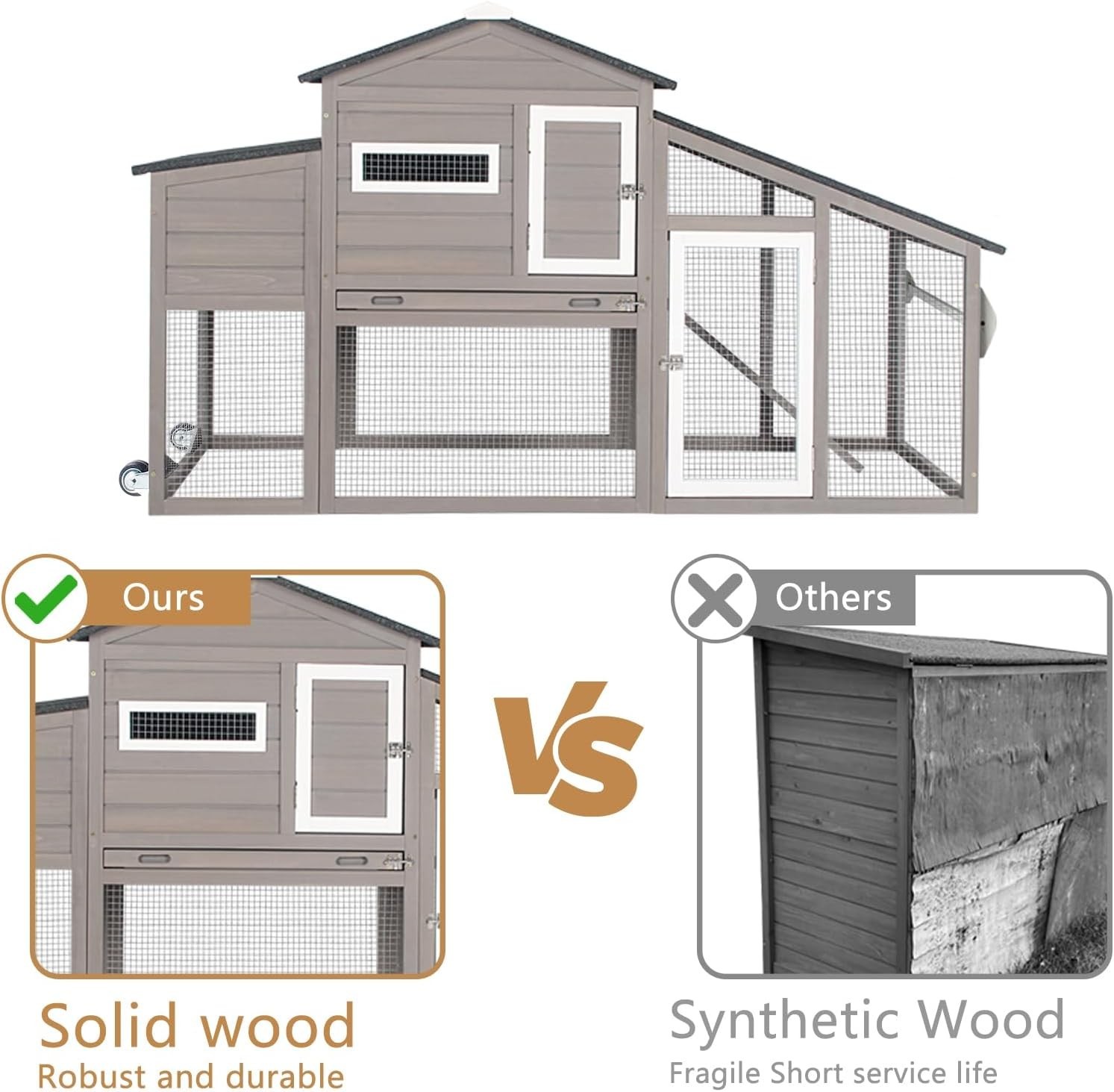 Large Wooden Chicken Coop with Wheels Outdoor Chicken Tractor Hen House with Run