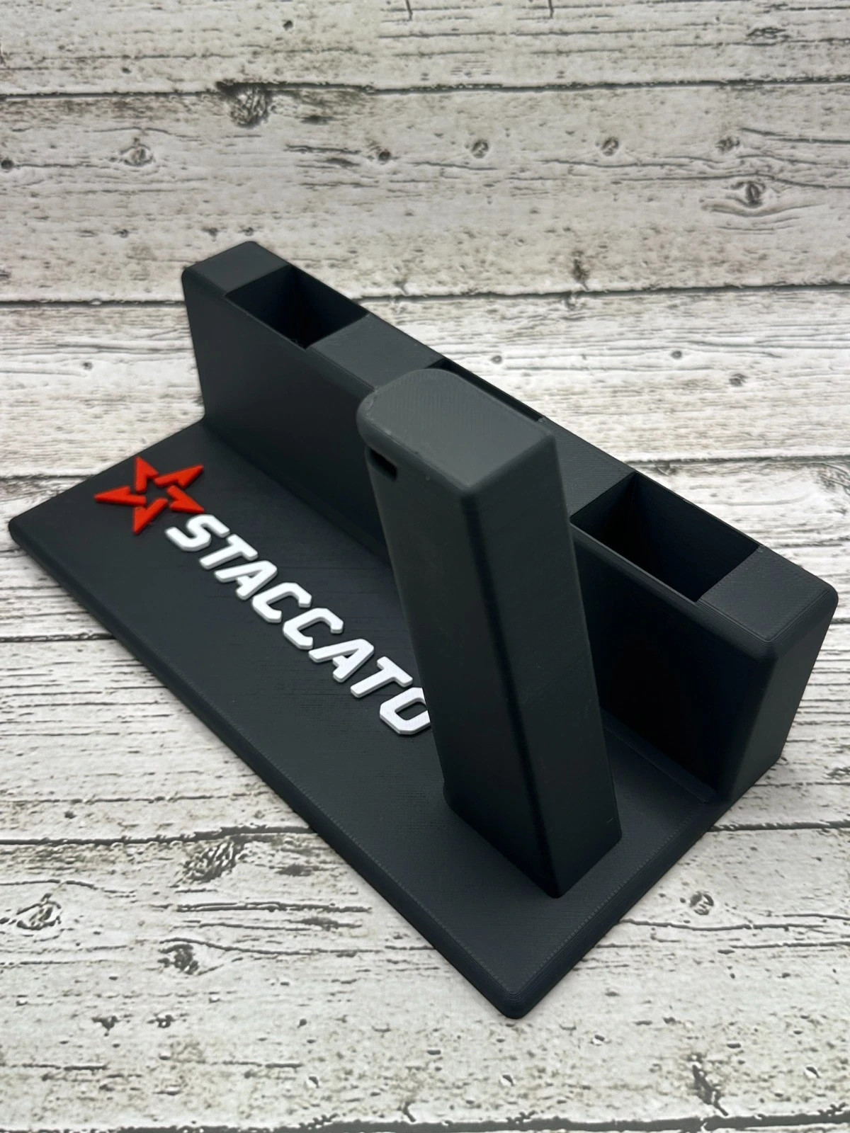 Staccato 2011 Pistol Display Stand + 3 Mag Holder – Black Polymer w/ Logo