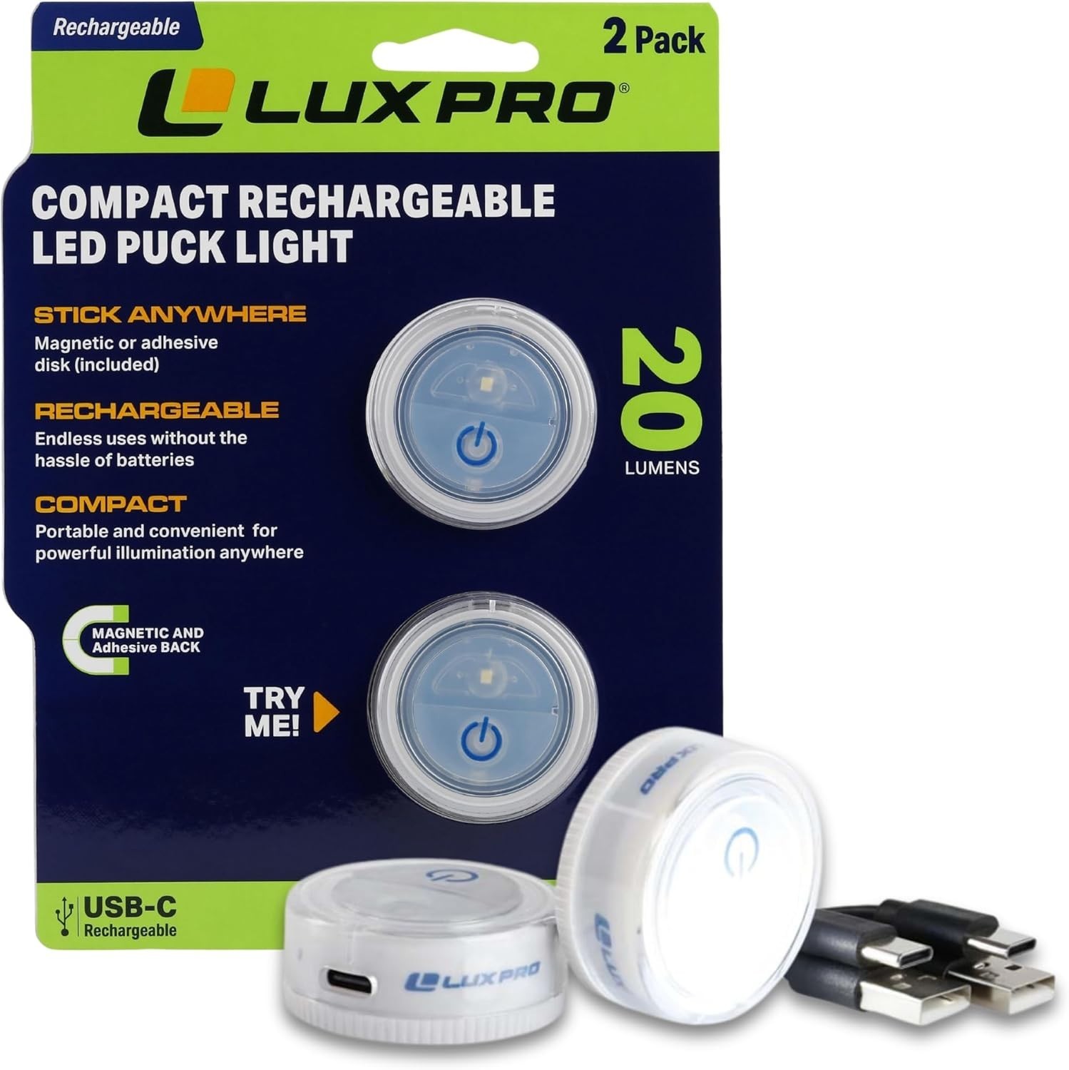 LUXPRO Waterproof Micro LED Rechargeable Puck Lights - Mini Puck Lights - 2 Pack