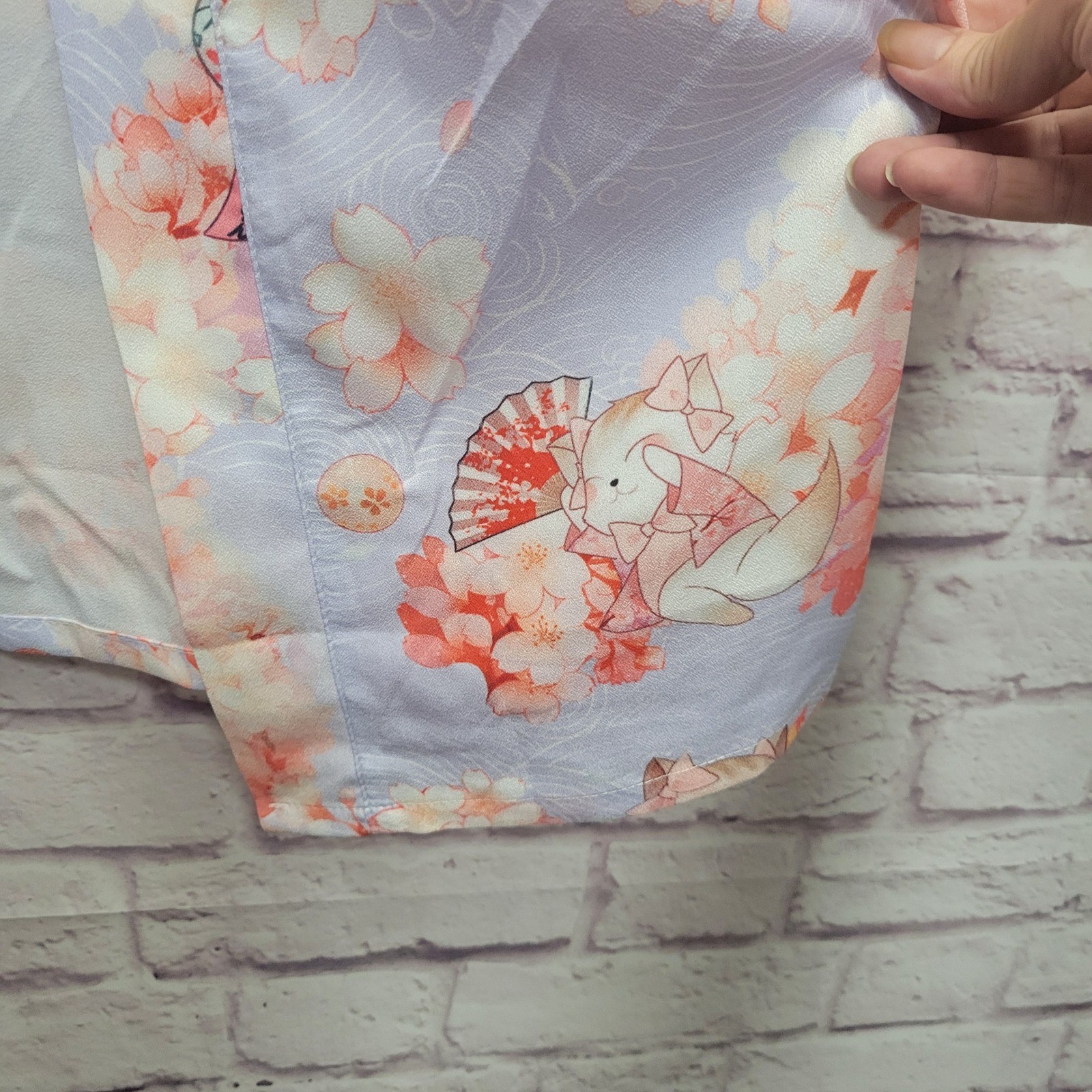 Japanese Kimono Blouse Womens XL+ Pastel Cat with Fan Floral Asian Lightweight