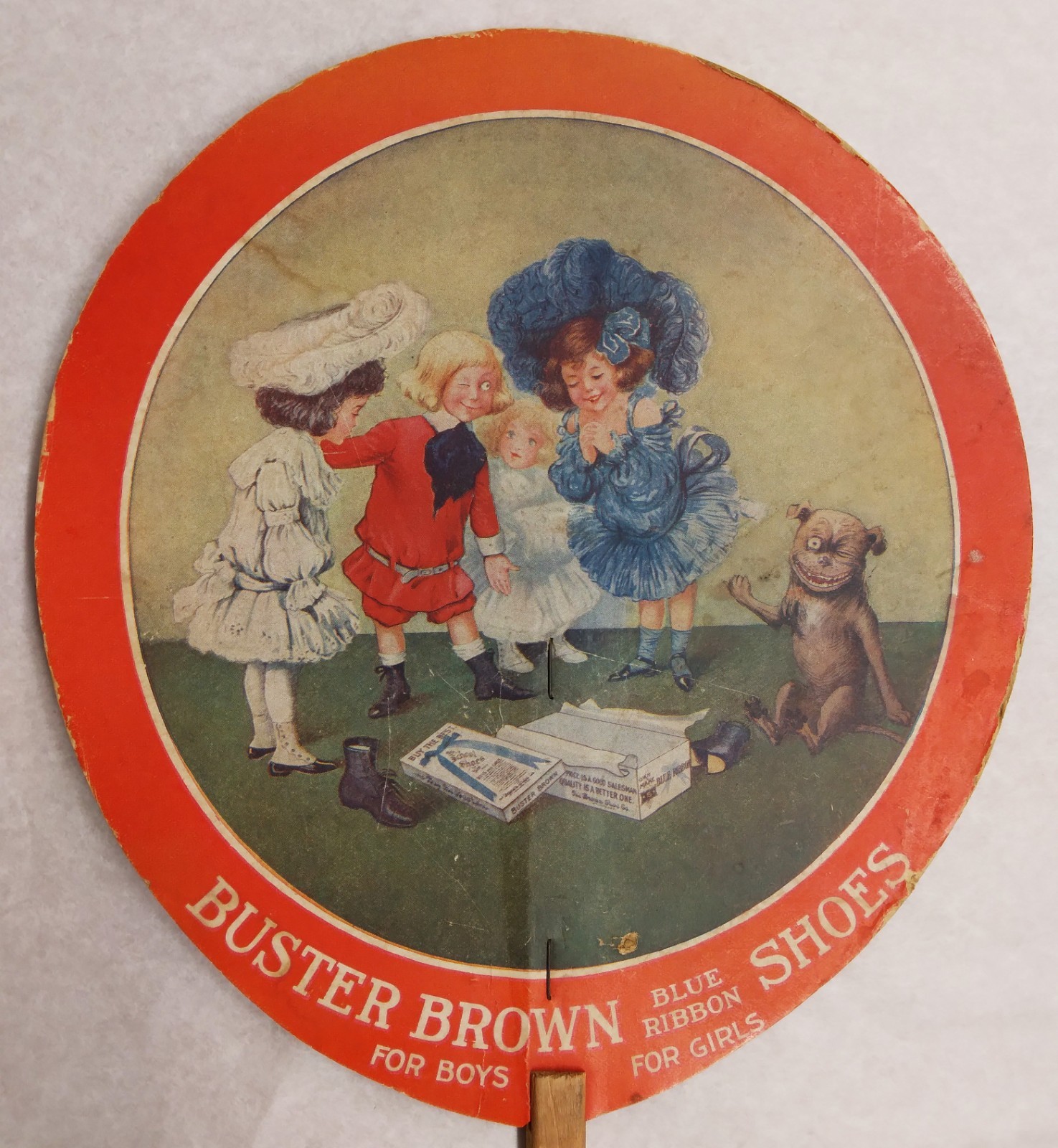 Buster Brown Blue Ribbon Shoes c1910s Handheld Ad Fan Used