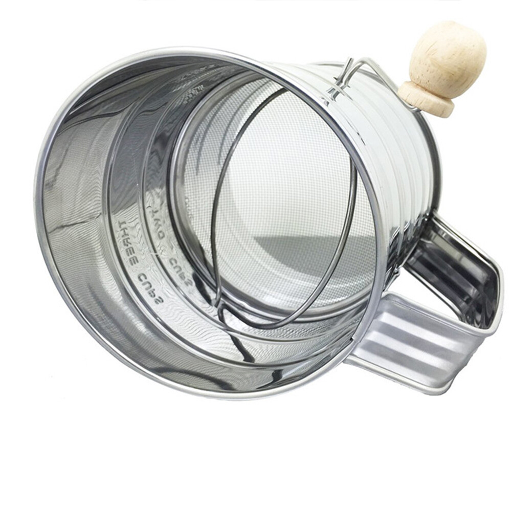 US 1-2 Pc Stainless Steel Flour Sifter Fine Mesh Rotary Hand Crank Wire Agitator