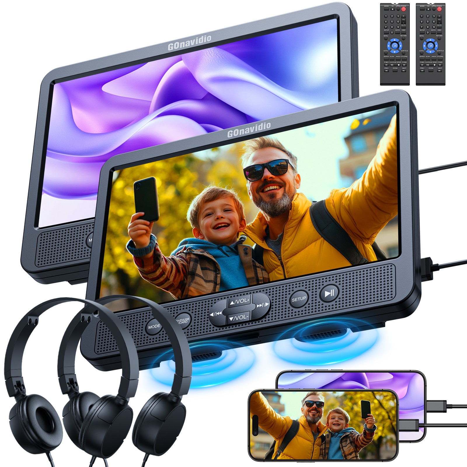 2X10.5" Full HD Screen Car Headrest DVD Player TV Monitor USB HDMI w/ Headsets