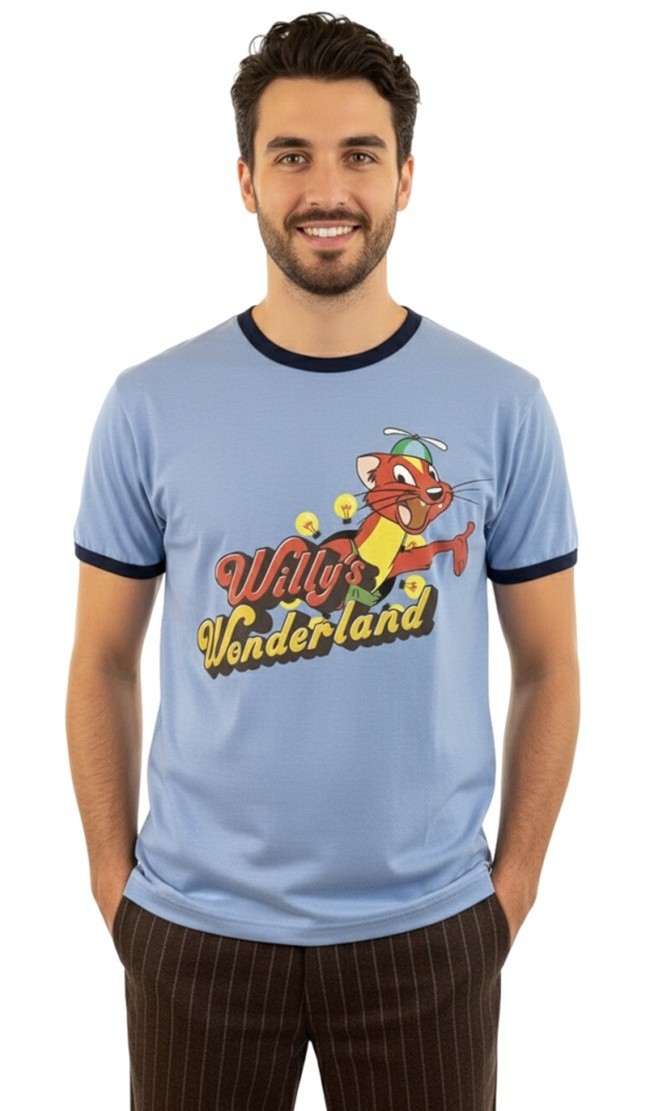 Willy's Wonderland Janitor T-shirt tee M L XL XXL Nicholas Cage Navy Blue Ringer