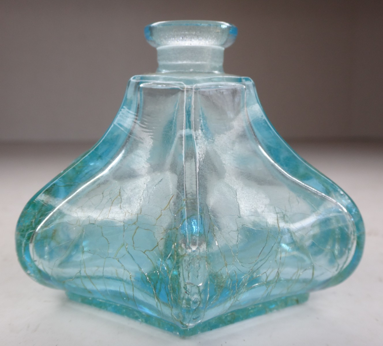 Antique Aqua Blue Green Inkwell Pressed Glass Bottle 6 Side UNUSUAL Shape