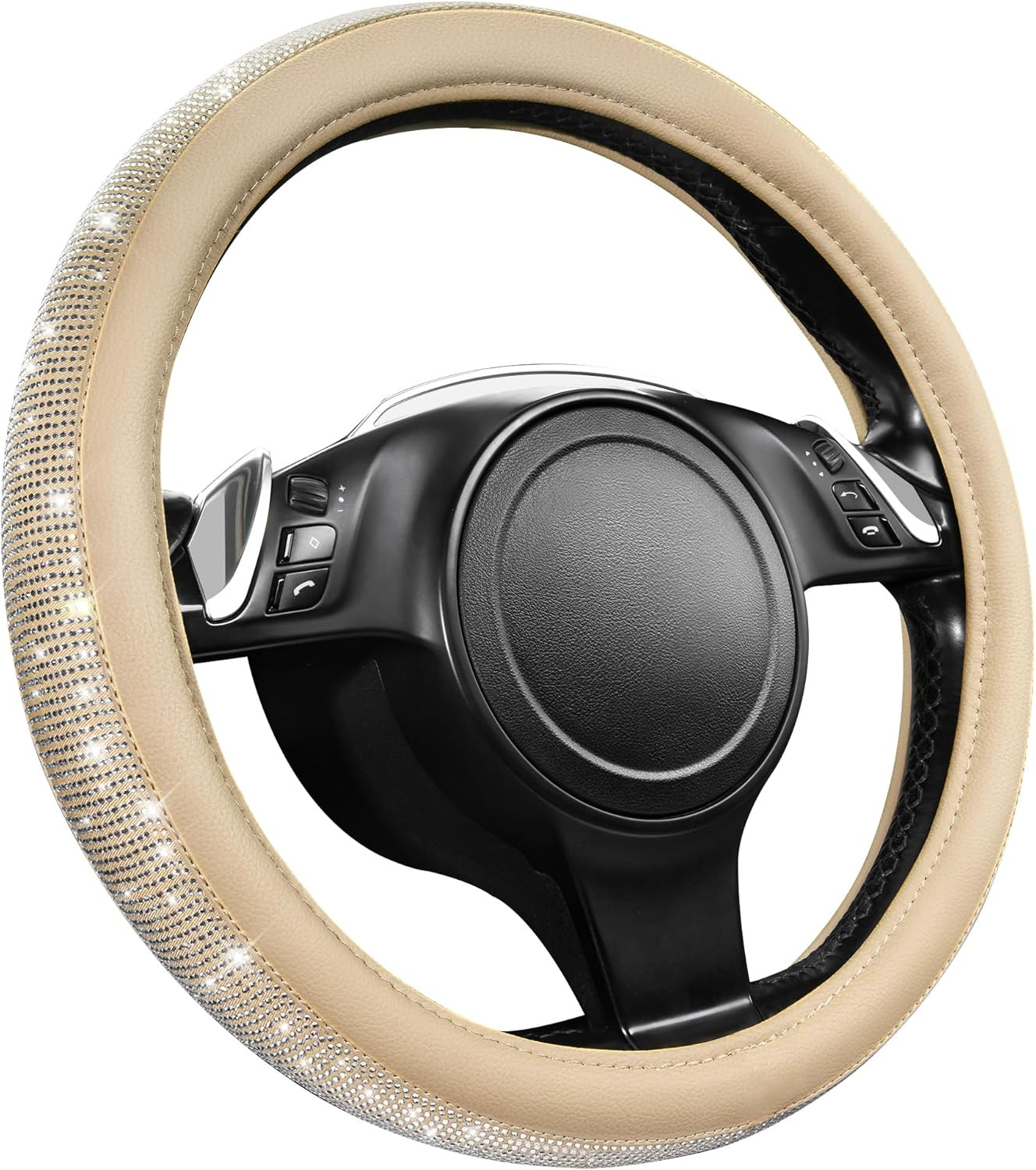 Bling Diamond Beige Leather Steering Wheel Cover, White Sparkly Crystal Glitter