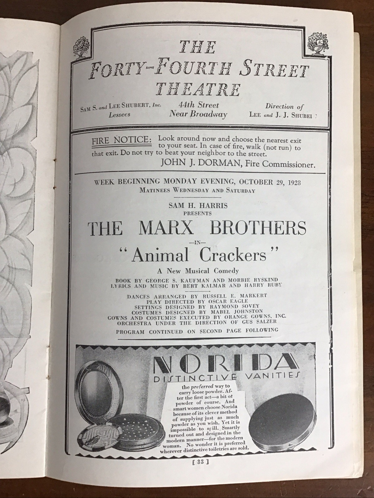 1928 Marx Brothers ANIMAL CRACKERS 44th Street Theatre NYC Playbill Shuberts VTG