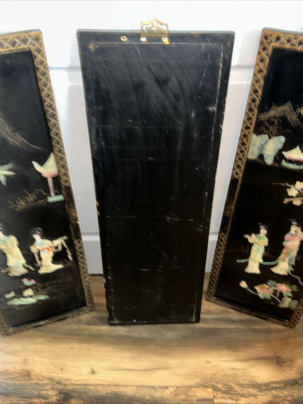 3 Vintage Laquered Asian With Mother of Pearl Panels 12”x 36”