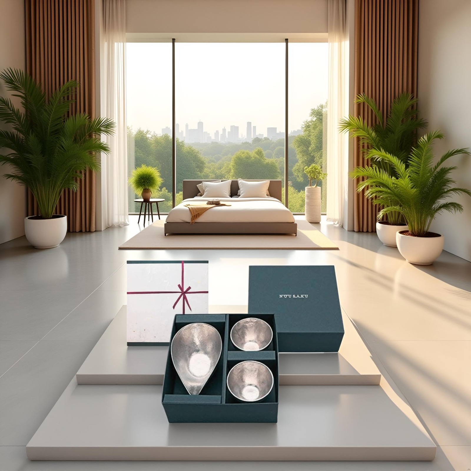 Nousaku Tin Sake Set Katakuchi with 2 Guinomi Cups Takaoka Craft Japan