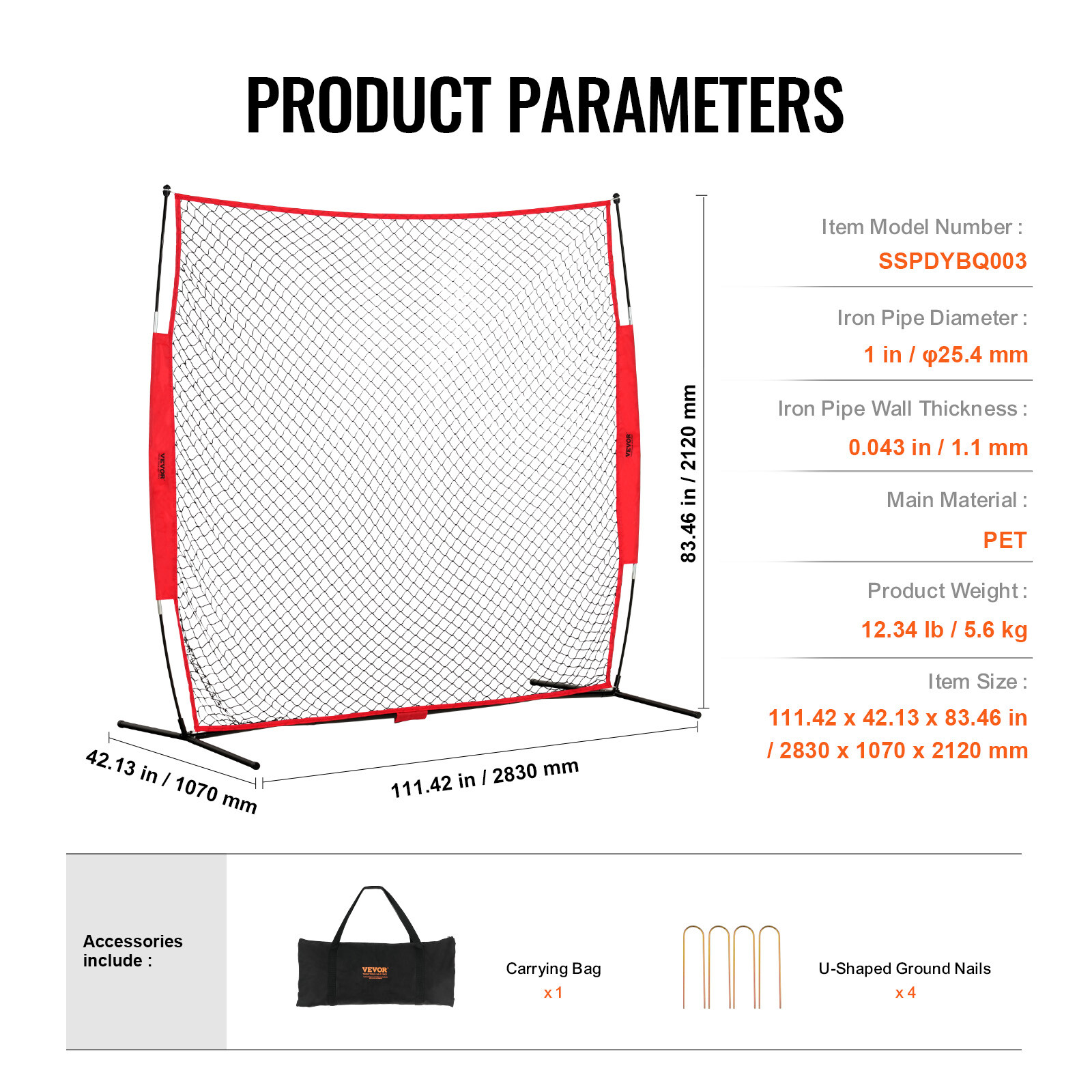 VEVOR Barricade Backstop Net Ball Sports Barrier Softball Practice Net 7x7ft