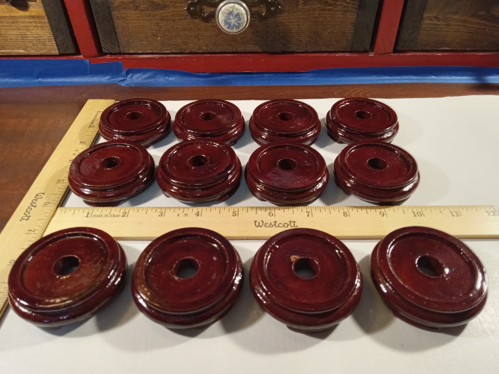 LOT of 12 Asian Carved Wood Display Stand 2.5in Diameter Footed Red Lacquer