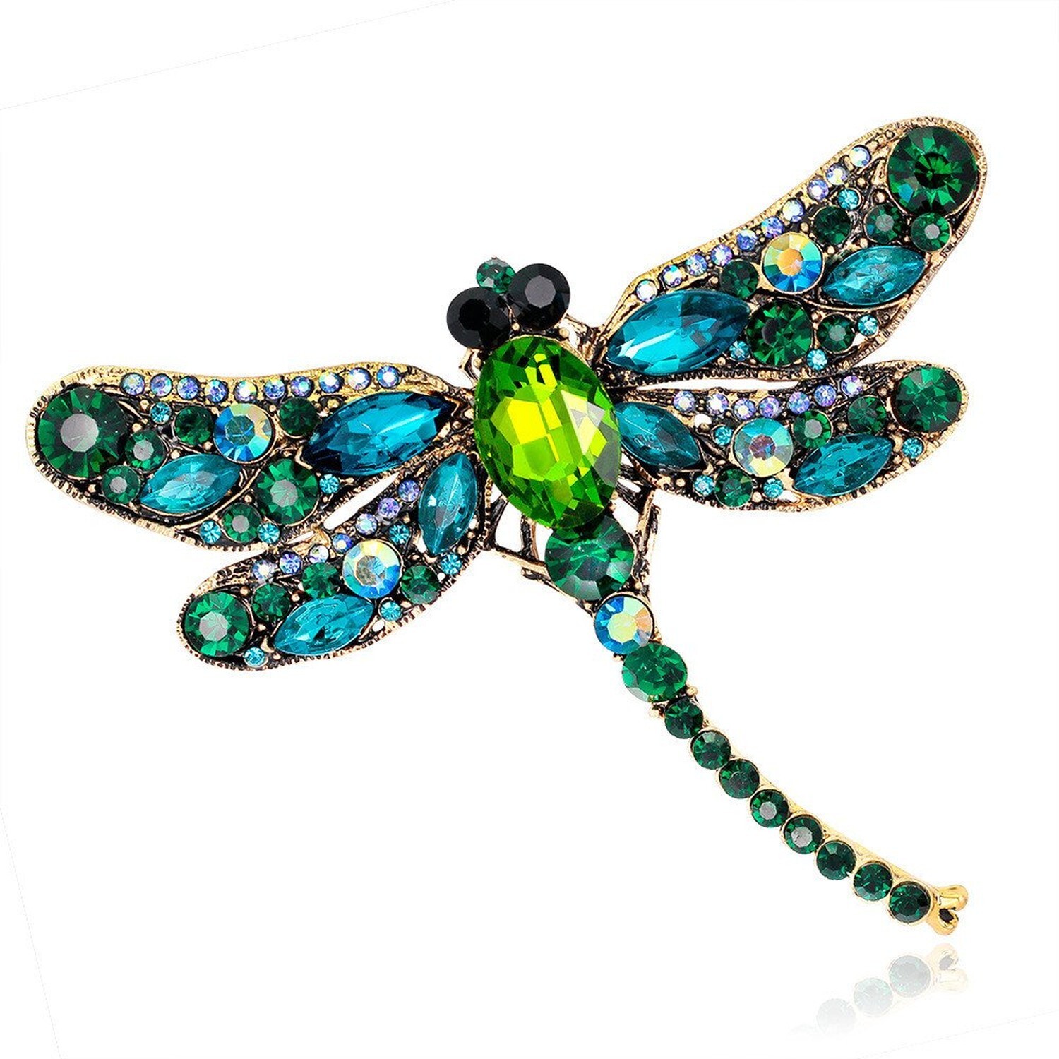 Green Crystal Rhinestone 3.6" Dragonfly Brooch Pin Pendant Jewelry Birthday G...