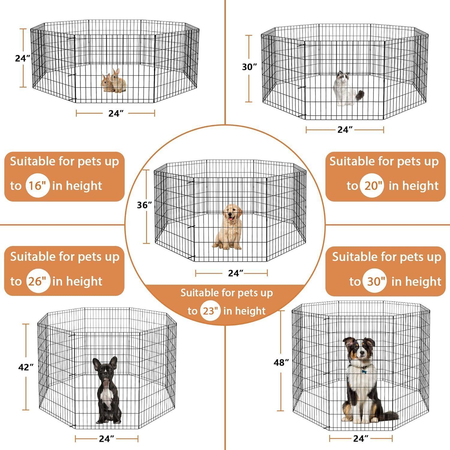 Dog Playpen 8 Panels Foldable Exercise Pen Pet Playpen Fence 24/30/36/42/48 Inch