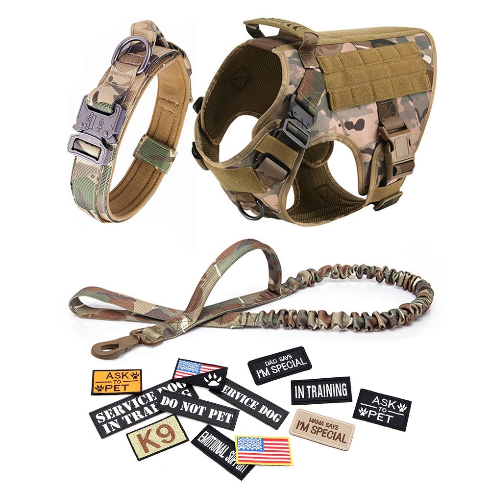 Tactical Dog Harness Set Dog Vest Dog Collar and Dog Leash Set with 12 patches