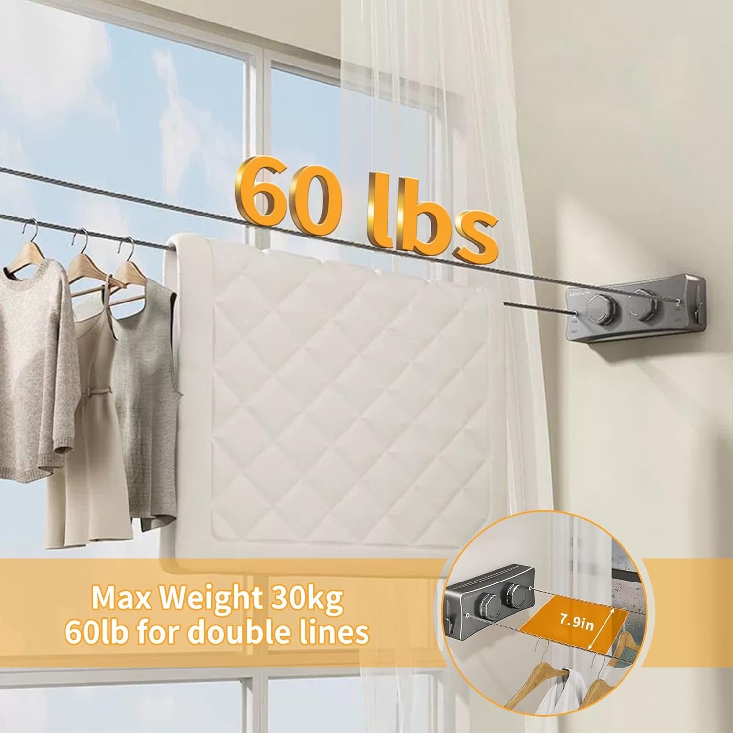 Retractable Clothesline Indoor Outdoor 16.7 Ft Stainless Steel Wall Mounted D...