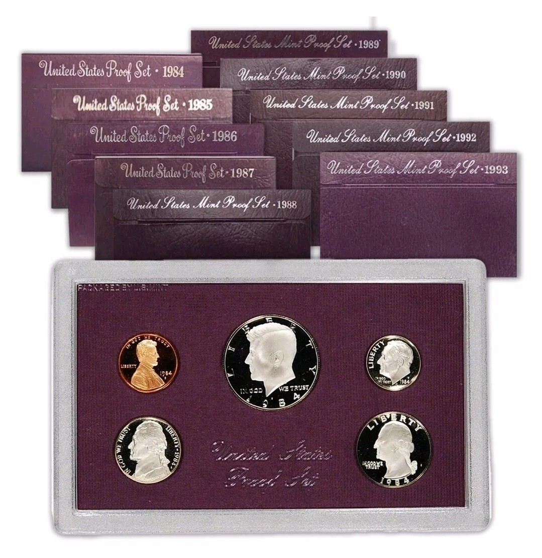 1984-1993 - 10 US Proof Sets Mint Packaging with Certificate of Authenticity
